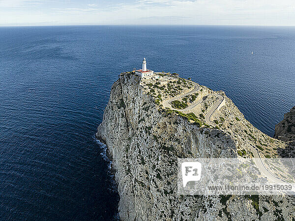 Spain  Mallorca  Pollenca  Aerial view of lighthouse at Cabo Formentor