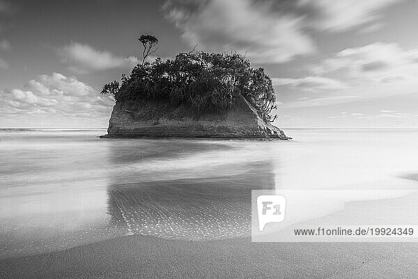 own island in the middle of the beach black and white photo