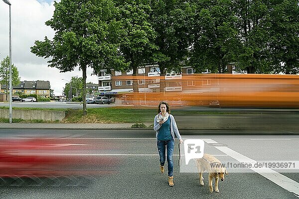 Eine Frau mit Hund überquert eine Straße und schaut nur auf ihr Smartphone. Generation Smartphone