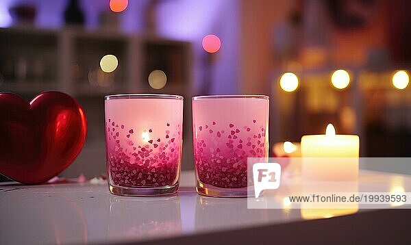 Warmes Ambiente mit herzförmigen Kerzen in einem romantischen Rahmen und Bokeh Lichtern AI erzeugt  KI generiert