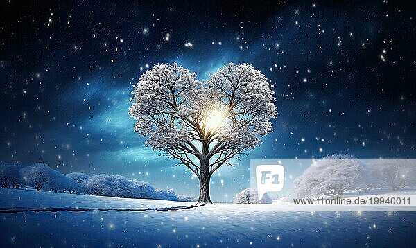 Schneebedeckter Baum mit Herz Illumination steht gegen einen Winter Sonnenaufgang AI generiert  KI generiert