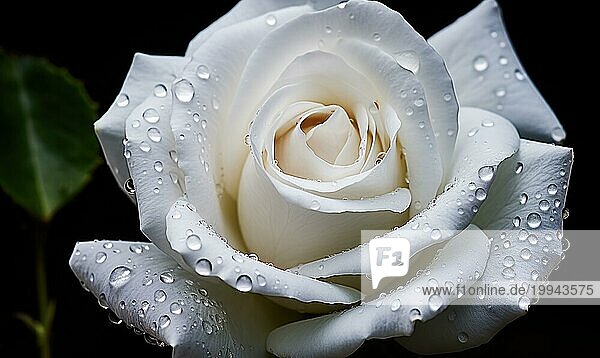 Zarte Nahaufnahme einer weißen Rose mit Tautropfen  die Liebe und Reinheit symbolisieren AI erzeugt  KI generiert