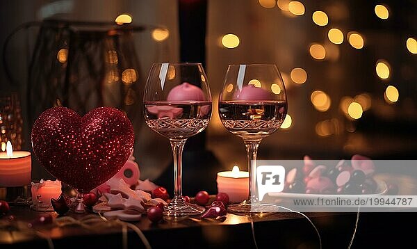 Prickelnder Rotwein in eleganten Gläsern neben einem glitzernden Herz und einer Kerze mit Bokeh Lichtern AI erzeugt  KI generiert