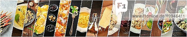 Italienisches Essen Collage. Ein Panorama der verschiedenen Gerichte der italienischen Küche