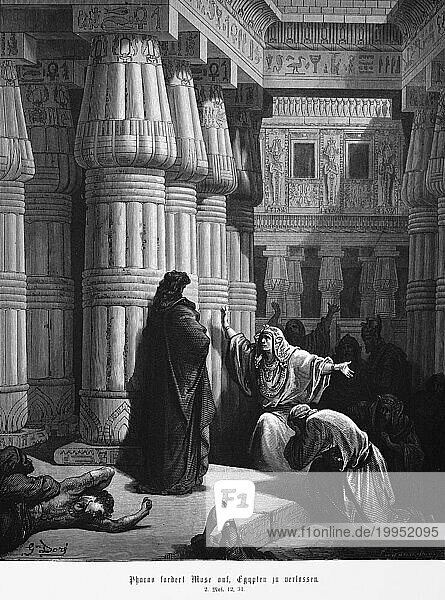 Bibel  Pharao fordert Mose auf  Egypten zu verlassen  Erstes Buch Mose  12  31  Moses  Altes Testament  Genesis  Ägypten  Innenraum  Tempel  Säulen  Ornamentik  Verzweiflung  Menschengruppe  historische Illustration 1885  Afrika