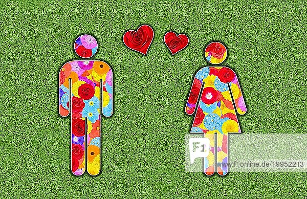 Piktogramm von Mann und Frau und Herzen  verliebt sein  Liebe  gestaltet mit bunten Blumen auf grünem Hintergrund  Grafik