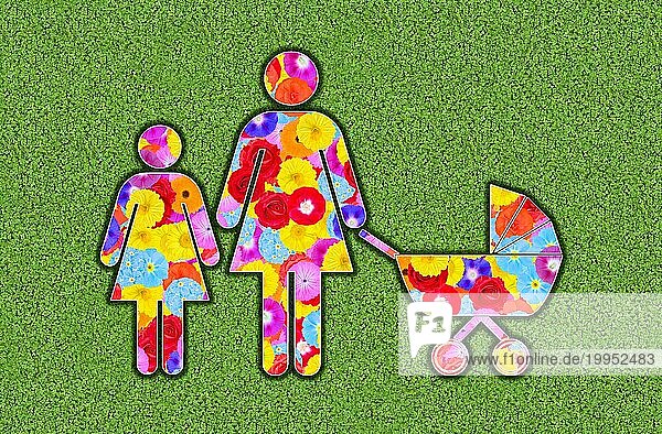 Piktogramm einer Mutter mit mit zwei Kindern  Tochter  und Baby im Kinderwagen  alleinerziehend  gestaltet mit bunten Blumen auf grünem Hintergrund  Grafik