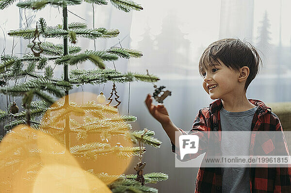 Smiling boy decorating Christmas tree at home