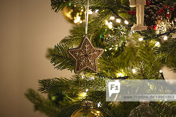 Star shaped ornament hanging on Christmas tree