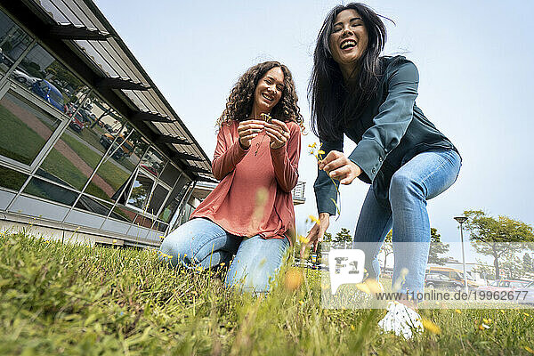Cheerful friends with flowers on grass in front of sky