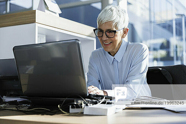 Smiling senior businesswoman using laptop sitting at desk in office