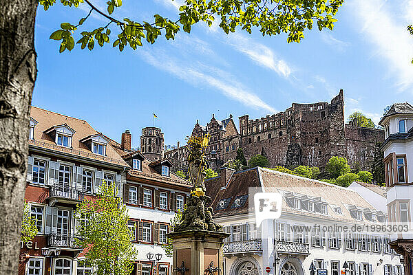 Germany  Baden-Wurttemberg  Heidelberg  Cornmarket Madonna statue with Heidelberg Castle in background