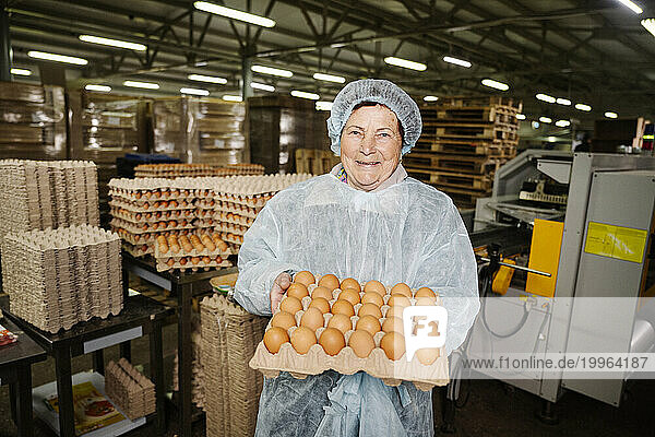 Veterinarian holding crate of eggs in factory