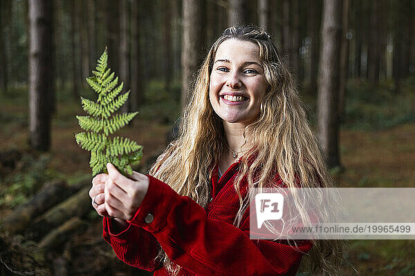 Happy beautiful woman holding fern leaf in Cannock chase forest