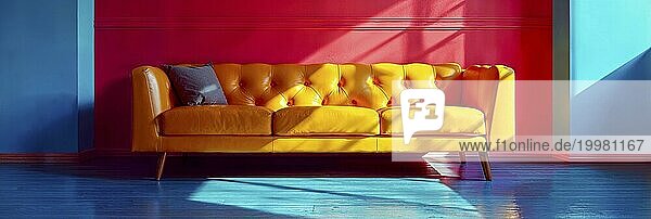 Ein leuchtend gelbes Sofa steht vor einer roten und blauen Wand  erzeugt einen kontrastreichen  modernen Look  Popart  Banner  KI generiert  AI generated