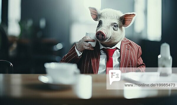 Anthropomorphes Schwein im gestreiften Geschäftsanzug  das bei einem Kaffee in einem AI generierten Büro nachdenkt  KI generiert