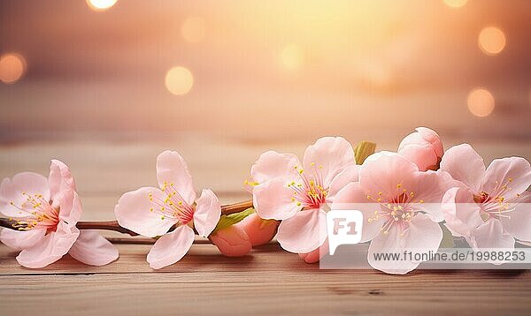 Sanfte Kirschblüten in einem ruhigen Ambiente mit Pastellfarben Holztisch mit rosa Pfirsichblüten Blumen über verschwommenen Hintergrund. AI generiert  KI generiert