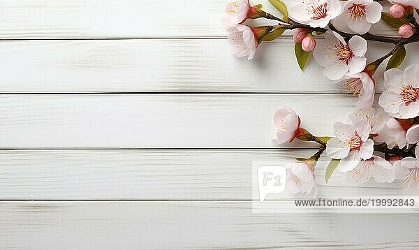 Kirschblüten in einem ruhigen Stillleben unter sanftem Licht Holztisch mit rosa Pfirsichblüten Blumen über verschwommenen Hintergrund. AI generiert  KI generiert