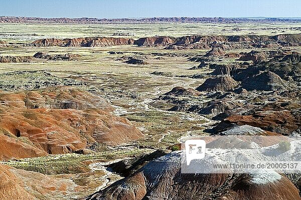 The Painted Desert  part of the Petrified Forest National Park stretches some 50  000 acres of colorful mesas  buttes  and badlands  Arizona  USA  North America