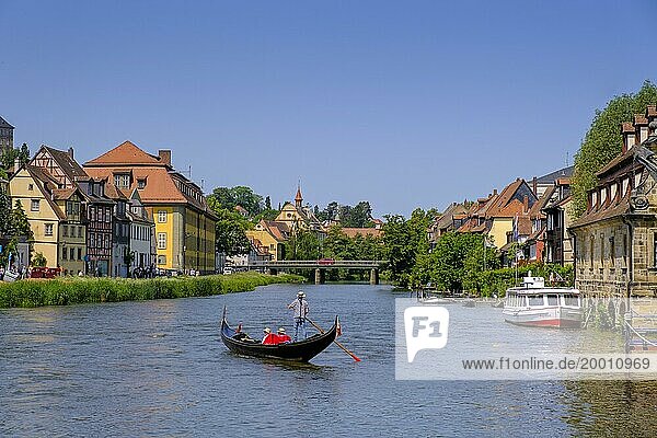 Gondolier  Venetian gondola on the Regnitz  Bamberg  Upper Franconia  Bavaria  Germany  Europe