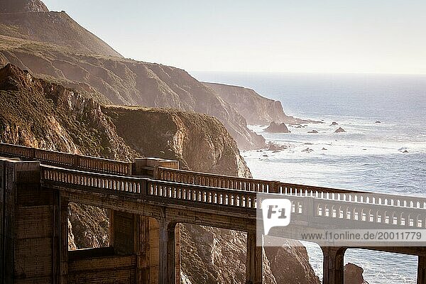 A view of Bixby Bridge out to the Pacific Ocean near Big Sur  California  USA  North America