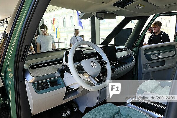 VW ID BUZZ  view into the cockpit  transporter with leisure equipment  IAA Mobility 2023  Munich  Bavaria  Germany  Europe