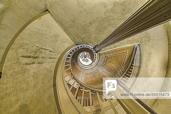 A detailed view of a spiral staircase with a spiral banister in beige tones  Schachtrupp Villa  Lost Place  Osterode am Harz  Lower Saxony  Germany  Europe