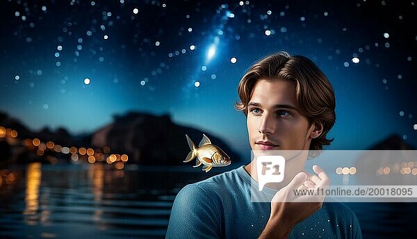 Ein junger Mann Fische nach dem Tierkreiszeichen mit braunen Haaren und blauen Augen mit einem Fisch in seinen Händen vor dem Hintergrund der Sternenhimmel. Interpretation des Tierkreiszeichens in menschlicher Form.AI generiert  KI generiert