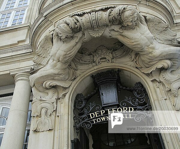 Entrance to town hall  Deptford  south London  England  UK built 1903-05 architectural sculpture by Henry Poole