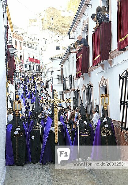 Easter Christian religious procession through streets of Setenil de las Bodegas  Cadiz province  Spain  Europe