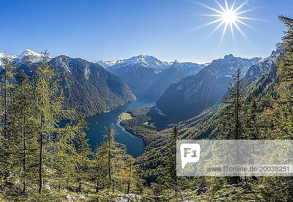 Panoramic view of the Königssee from the Archenkanzel viewpoint  autumnal forest and snow-capped mountains  Sonnenstern  Berchtesgaden National Park  Berchtesgadener Land  Upper Bavaria  Bavaria  Germany  Europe
