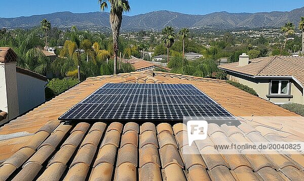 Die auf dem Dach eines Wohngebäudes in der Stadt AI installierten Solarzellen erzeugen  KI generiert