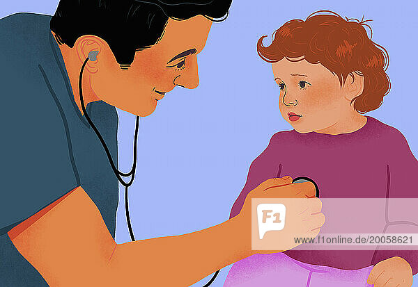 Friendly male pediatrician with stethoscope examining shy girl patient