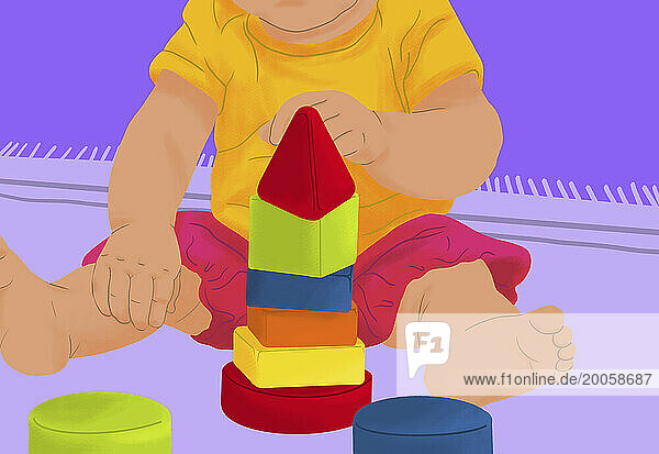 Close up baby girl stacking block toys