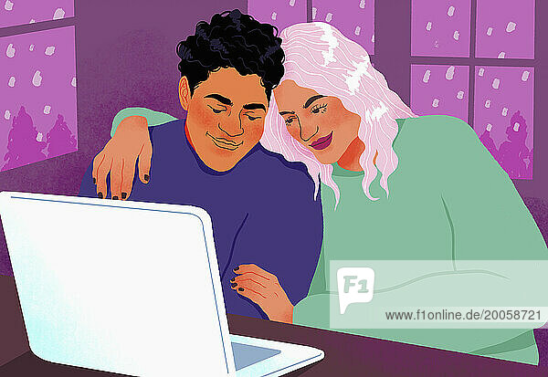 Happy  affectionate couple using laptop and hugging at home