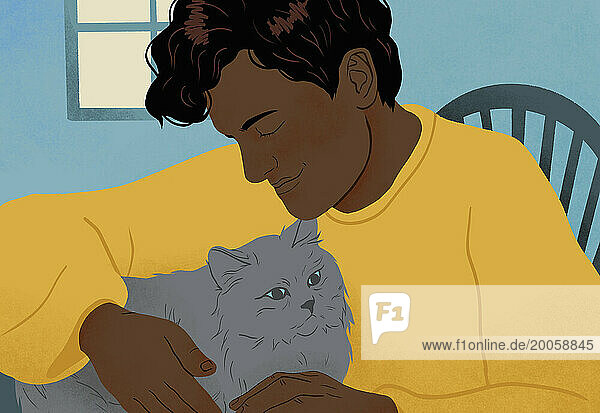 Affectionate man cuddling cat at home