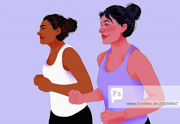 Smiling women friends exercising  jogging on purple background