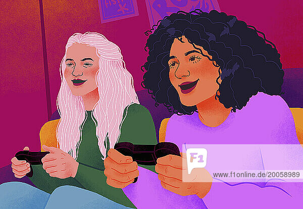 Happy young women friends playing video game together