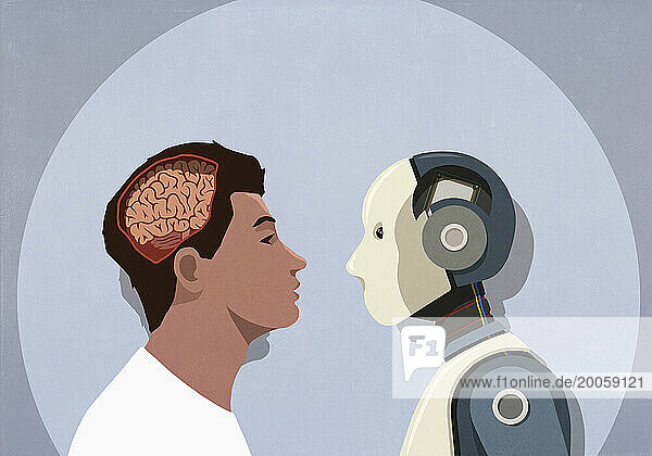 Robot and man with exposed brain face to face in spotlight  human vs artificial intelligence
