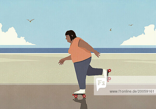 Overweight woman roller skating on sunny beach boardwalk