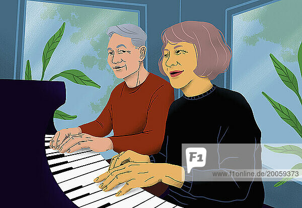 Happy senior couple playing piano together at home