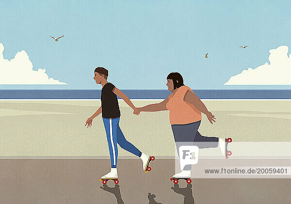 Couple holding hands  roller skating on sunny beach boardwalk