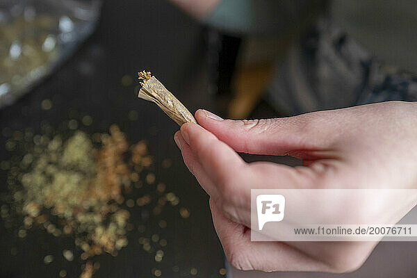 Young woman rolling a marijuana cigarette