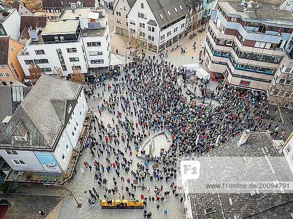 Aerial view of a large crowd in a town square during a demonstration  demonstration against the right  Nagold  Black Forest  Germany  Europe