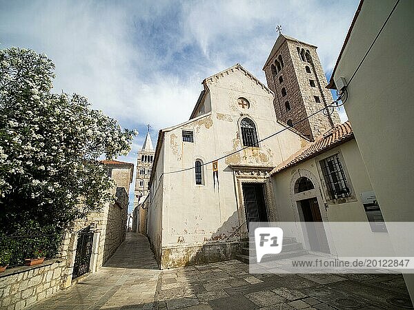 Church and bell tower in the old town centre of Rab  island of Rab  Kvarner Gulf Bay  Croatia  Europe