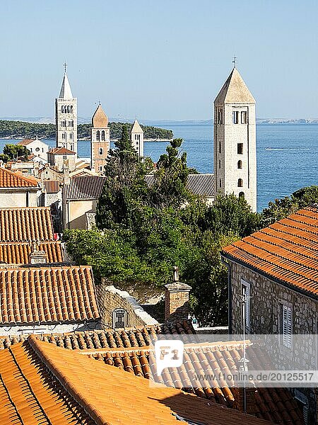 Church towers in the old town centre of Rab  Rab  island of Rab  Kvarner Gulf Bay  Croatia  Europe