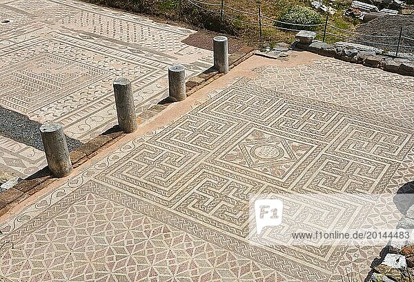 Historic mosaic floors of an open-air archaeological site show geometric patterns  Messene  ancient Greek polis  Messini  Messenia  Peloponnese  Greece  Europe
