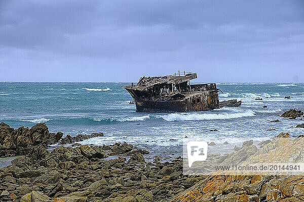 Bad weather at Cap Agulhas  shipwreck  southernmost point of Africa  meeting of the Indian and Atlantic Oceans  Cape Agulhas  Garden Route  Western Cape  South Africa  Africa