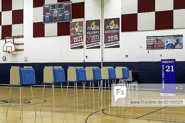 Deaarborn  Michigan USA  27 February 2024  A row of voting booths ready for voters at Salina School in Michigan's Presidential primary election. Especially in Hamtramck and Dearborn  where there are large numbers of Arab-Americans  many voters planned to vote uncommitted in the Democratic primary.. Many Arab-Americans are furious about Joe Biden's support for Israel in the Gaza war