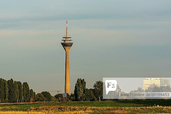 Television tower rises at dusk with orange sky and blue clouds over green grass field  Düsseldorf  North Rhine-Westphalia